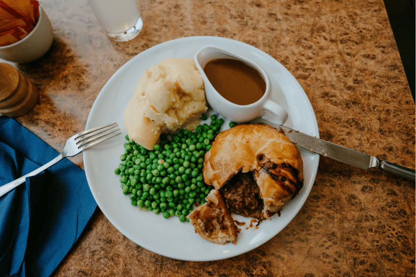 Steak and Ale Pie with Peas and Mash